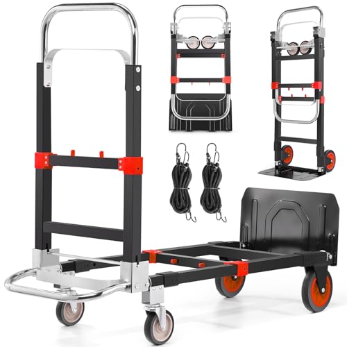 3-in-1 Convertible Hand Truck, Heavy Duty 600LBS Folding Dolly Cart | Foldable Cart with Expandable Base, Silent Rubber Wheels, Telescopic Handle & Bungee Cords for Warehouse, Office (Red) - color: Red-1