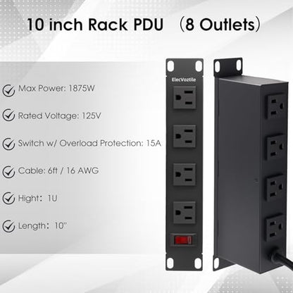 10 inch Rack PDU, 8 Outlets, 15A, 125V, 1875W, Metal Case | Heavy Duty, 4 Front & 4 Rear Outlets, 15A Overload Switch, 1U RackMount, Rear Power Cord, Ideal for 6U+ Mini Server Rack
