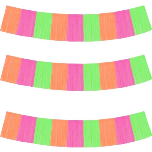 BEISHIDA Fluorescent Fringe Garland Banner 30ft Wall Tinsel Foil Streamers - color: Fluorescent Yellow Purple Orange
