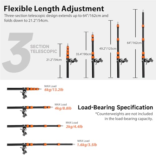 Extension Boom Arm, 21.2"-64" Adjustable Telescoping Arm for Light Stand | 360° Rotation & 135° Tilt, Rear Hook with Sandbag, Quick Lock Knobs and 1/4"-3/8" Screw for Flexible Studio Lighting - color: Orange