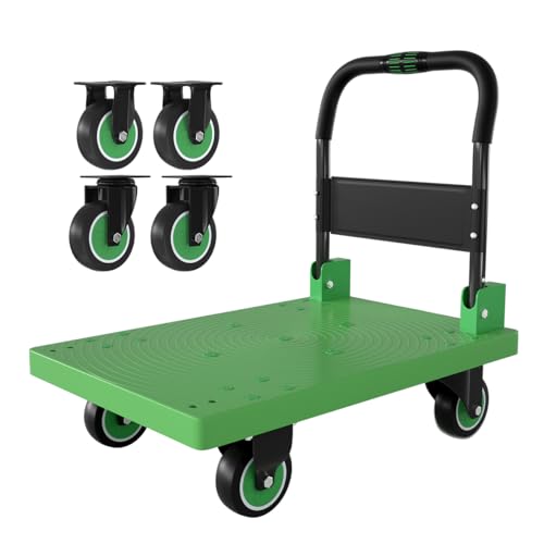 WUD Folding Push Cart Platform Trolley – Thickened Reinforced Steel, 360° Swivel Wheels, 28.7″×19.3″, Load Capacity 661 lb, Green - color: Green, size: Small