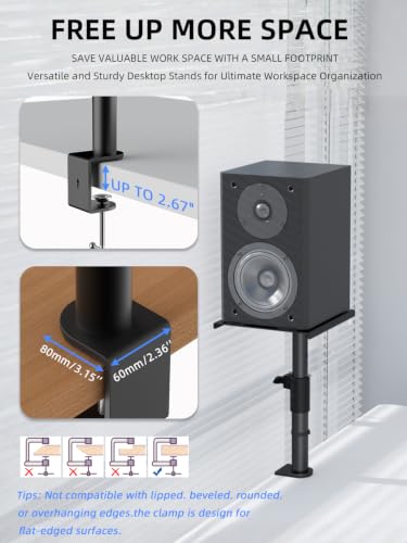 suptek Clamp-on Speaker Stand Desk Mount, Height Adjustment, Swivel, Tilt, 9.6 x 8.8 in Trays, Universal Audio Holders for Bookshelf Speakers, Elevated Sound, Against the Wall, 2 Pack, Black, SDM001KT - size: Tilt Speaker Stands Against the Wall