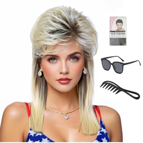 Adequate Women's Blonde Mix Black Mullet Wig 80s 90s Costumes Fancy Party wig Joe Dirt Emo Halloween Cosplay Wigs (Blonde Mix Black) - color: B-Blonde Mix Black