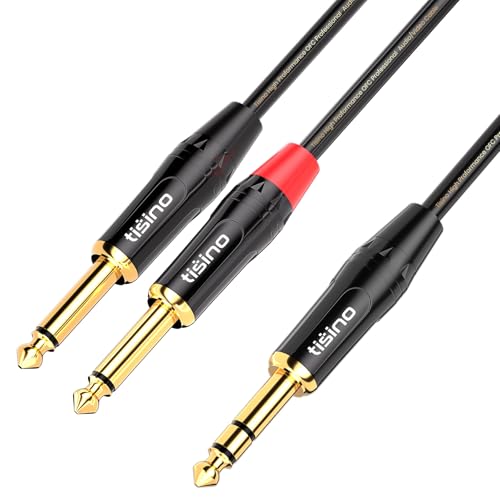 tisino 1/4 inch TRS Stereo to Dual 1/4 inch TS Mono Insert Cable Y-Splitter Stereo Breakout Cable Patch Cord - 6.6 feet | 1/4"（6.35mm） TRS Stereo Jack to Dual 1/4"（6.35mm） TS Mono Y-Splitter Aux Lead for Mixer & Studio, Gold-Plated OFC - size: 6.6 feet