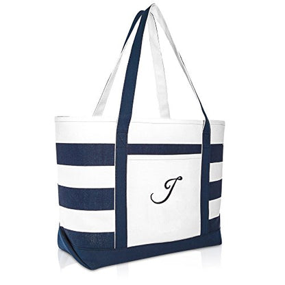 DALIX Premium Beach Bags Striped Navy Blue Zippered Tote Bag Monogrammed A - Z - color: J