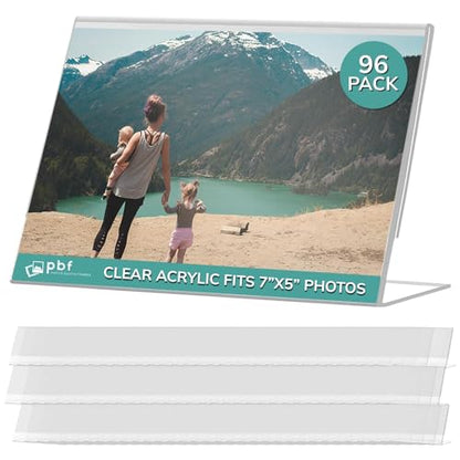 pbf 7x5 Acrylic Sign Holder | 7 x 5 Horizontal Stand Up Slanted Sign Holder | Acrylic Stands for Display | Clear Picture Frame, Menu Table Top Stand, Plastic Flyer Holder (96-Pack) - size: 96