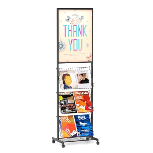 lesolar 4-Tier Floor-Standing Magazine Rack with Poster Board Stand | Metal Magazine Rack with Wheels, Newspaper Holder, Brochure Display Stand, Poster Sign Holder for Exhibitions Store Business