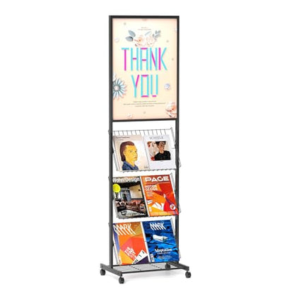 lesolar 4-Tier Floor-Standing Magazine Rack with Poster Board Stand | Metal Magazine Rack with Wheels, Newspaper Holder, Brochure Display Stand, Poster Sign Holder for Exhibitions Store Business