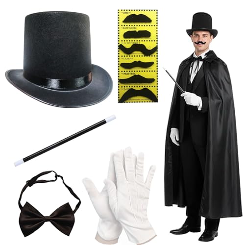 Magician Costume Accessories for Adult with Top Hat Set,Beard,Bow Tie, Magic Wand and Gloves for Magic Tricks Show Halloween Cosplay,1920s Men Accessories