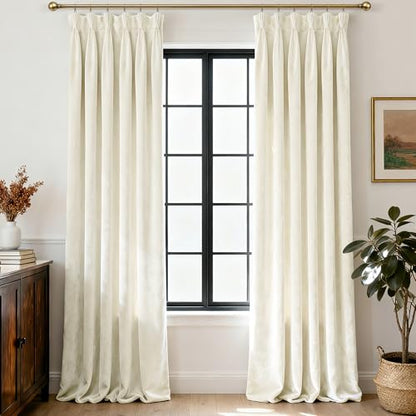 Pinch Pleated Beige White Velvet Curtains 86 inch Luxury Fabric Thermal Insulated Room Darkening Velvet Drapes 86 inch Length 2 Panels Set Modern Elegant Warm Winter Bedroom Window Curtain Ivory - color: Beige White, size: 40"W x 86"L (Pack of 2)