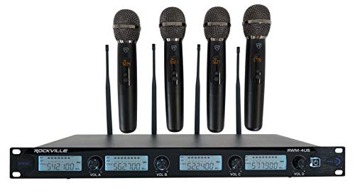 Rockville RWM-4US Quad Wireless UHF 4 Handheld Dynamic Microphone System | Adjustable Frequency, Rack Mount Receiver, XLR Output, 10-Hour Battery Life, LCD Display, 80 Channels, Cardioid, Dual Filter