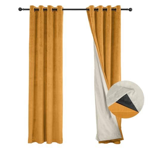 100% Full Blackout Velvet Curtains with Liner 52x96 Golden Yellow - color: Golden Yellow, size: 52"W x 96"L (Pack of 2)