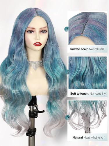 Quantum Love Long Curly Ombre Blue Wig for Women Long Wavy Bluish Green Wigs 28inch Natural Looking Synthetic Colorful Hair for Cosplay Halloween DailyParty Use - color: Ombre Blue