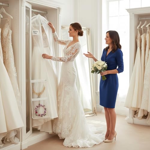 72" Long Wedding Dress Garment Bag with 10" Gusset, Bridal Gown Storage Cover with 4 Pockets, Dress Bag for Women Gowns,Prom,Ballgowns,White (72" x 24" x 10") - color: White and Clear