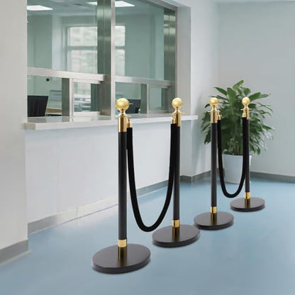 4Pcs Stainless Steel Stanchion Post with Ball Top, Crowd Control Barriers with 2 Pcs 5FT Black Velvet Carpet Ropes, Safety Barriers Set for Party (Gold+Black) - color: Gold+Black, size: 4PCS