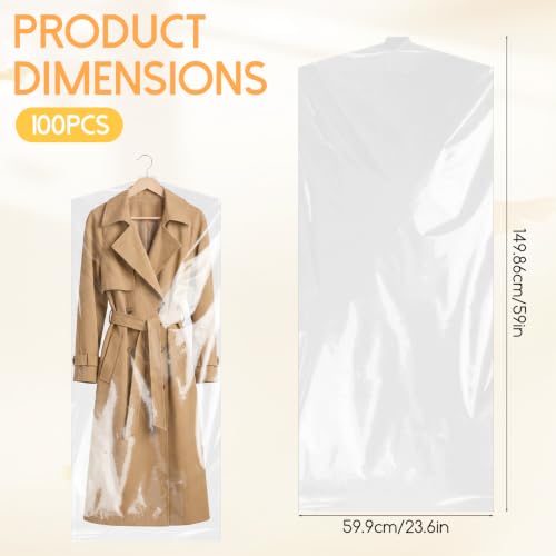 100 Pcs 60 Inch Clear Plastic Hanging Garment Bags | Dry Cleaner Laundry Bags Dust-Proof Hanging Clothes Storage for Long Dresses Skirt Coat Suit Shirt Jacket