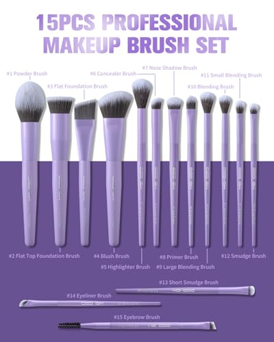 EIGSHOW Makeup Brushes Set, 15Pcs Professional Make Up Brush with Silver Ion Bristles for Foundation Powder Blush Highlighter Concealer Eyeshadow Eyeliner, Travel Gift Set (Matte Purple) - color: Matte Purple