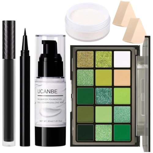 UCANBE Halloween Makeup Kit – 15-Color Green Eyeshadow Palette, White Liquid Foundation, Black Liquid Lipstick & Eyeliner, Setting Powder & Sponges Makeup Set for SFX Cosplay Costume Witch Monster - color: Green Makeup Kit
