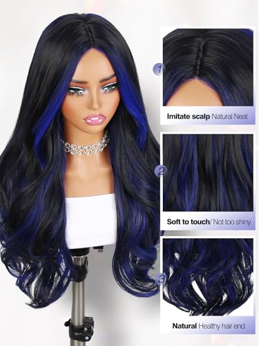 Quantum Love Long Curly Blue Wig for Women 28 Inch Long Wavy Wigs Black Mix Blue Natural Looking Synthetic Fashion Color Hair for Cosplay Halloween Daily - color: Mix Blue