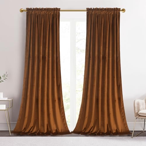 Roslynwood Velvet Brown Curtains 63 inch Long - Curtains Rod Pocket Thermal Insulated Block Light Kitchen Window Curtains Drapes for Bedroom, W52 x L63, 2 Panels - color: Brown, size: 52"W x 63"L (Pack of 2)