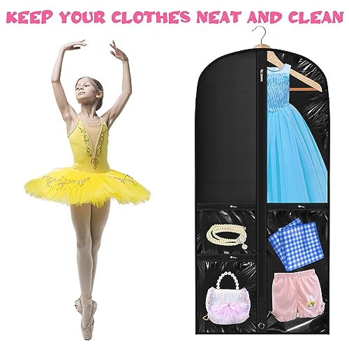 6 Pcs 24'' x 50'' Clear PVC Garment Bag Dance Costume Competition Bag with Rack Zippers Pockets Hanging Garment Covers Costume Organizer Costume Carrier for Adults Kids(Black) - color: Black