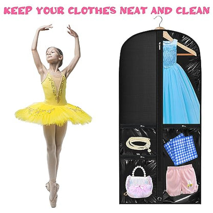 6 Pcs 24'' x 50'' Clear PVC Garment Bag Dance Costume Competition Bag with Rack Zippers Pockets Hanging Garment Covers Costume Organizer Costume Carrier for Adults Kids(Black) - color: Black