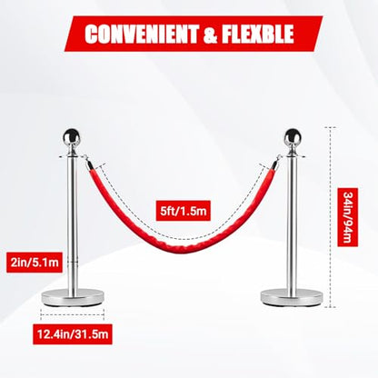 Stainless Steel Stanchion Post Queue,5 ft Red Velvet Rope Red Carpet Ropes and Poles Crowd Control Barriers,Sand Injection Hollow Base and Velvet Ropes Set for Party Supplies,4 PCS