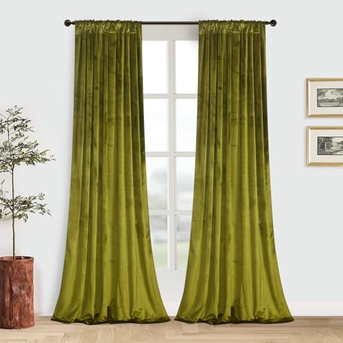Roslynwood Luxury Soft Olive Velvet Curtains 96 inches Long Back Tab Thermal Insulated Blackout Window Drapes for Living Room/Bedroom/Dining Room, W52 x L96, 2 Panels - color: Olive, size: 52"W x 96"L (Pack of 2)