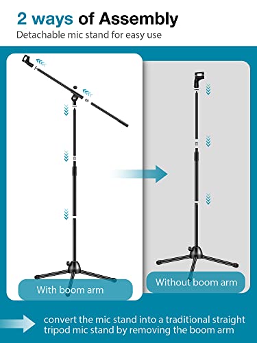 InnoGear Mic Stand Boom Arm Detachable Microphone Stand Floor for Blue Yeti | Tripod Base, Boom Arm, Height Adjustable, Work with Wireless Mics, Heavy Duty, Stable on Carpet, Portable, Floor, For Singing