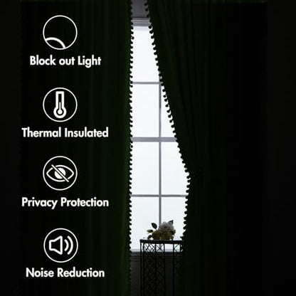 MIULEE Emerald Green Pom Pom Velvet Blackout Curtains, 52"x63" Set of 2 | Rod Pocket Curtains,Thermal Insulating,Christmas Blackout Curtains for Bedroom/Home Theater/Living Room Darkening - color: Emerald Green, size: 52"W x 63"L (Pack of 2)
