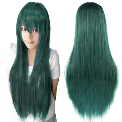 80cm Long Straight Natural Hair Cosplay Wigs with Bangs Colorful Halloween Costume Party Wig for Women (Dark Green) - color: Dark Green
