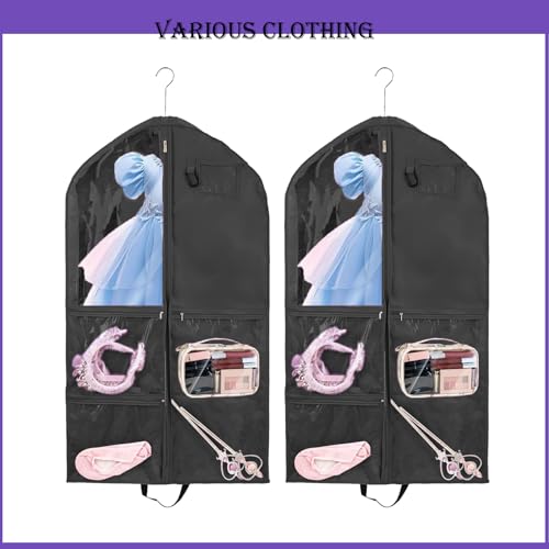 40Inch Garment Bag for Hanging Clothes, Waterproof Dance Costume Bags, Gusseted Hanging Garment Bags for Travel Storage, Kids Garment Bag, Garment Bag for Dance Competitions（Black-2 pack)