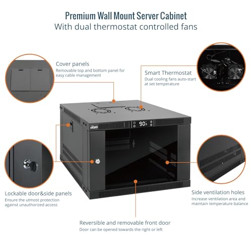 Tecmojo 6U Wall Mount Rack with Thermostat, 17.7inch Depth Enclosed Server Cabinet with 2 Cooling Fans,Lockable Door & Hardware,6U Rack for 19inch Equipments,Glass Door - size: 6U with Thermostat