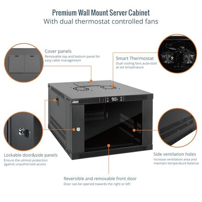 Tecmojo 6U Wall Mount Rack with Thermostat, 17.7inch Depth Enclosed Server Cabinet with 2 Cooling Fans,Lockable Door & Hardware,6U Rack for 19inch Equipments,Glass Door - size: 6U with Thermostat