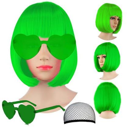 LIULIUBTY Short Bob Hair Wigs Straight with Flat Bangs Synthetic Colorful Cosplay Daily Party Neon Wig for Women with Wig Cap 12" Natural As Real (Bright,Green) - color: Bob,Black