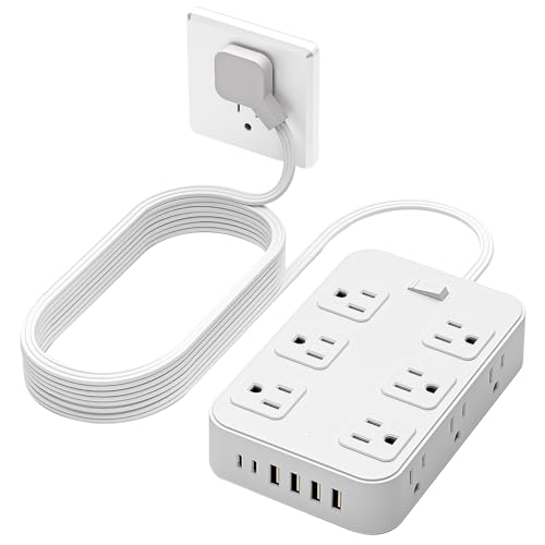Flat Plug Power Strip Surge Protector with 12 AC Outlets 6 USB Ports 3 Side Multi Plug Outlet Extender 5 Ft Extension Cord for Home Office Kitchen Dorm Wall Desk Charging Station ETL Listed - color: White, size: 5 Ft