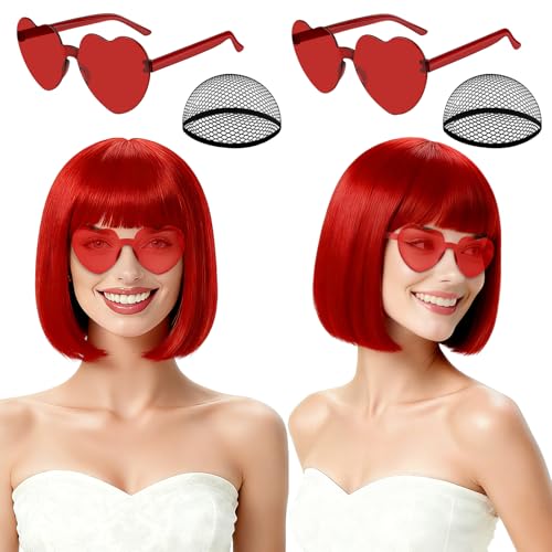 2 Pack Red Bob Wig with Bangs Heart Sunglasses for Women, Neon Bobs Funny Party Wigs Synthetic Hair for Adults Halloween Cosplay Costume Clubs Celebration Christmas Bachelorette Party - color: Red