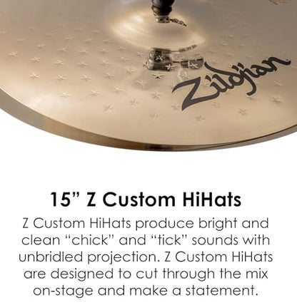 Zildjian Z40104 15" Z Custom Hi-Hats Cymbals | Crisp Chick Articulation, Tight Groove Control, Clean Stick Response, Built for Any Drum Set, Pro Bronze Alloy Build - size: 15-Inch