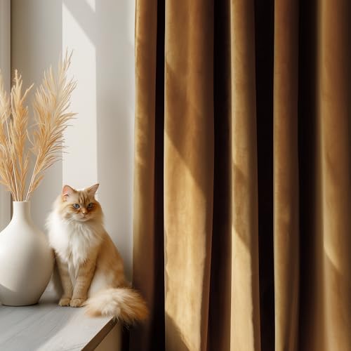 FMFUNCTEX Velvet Blackout Curtains Gold Brown Thermal Insulated Curtains for Bedroom Living Room Darkening Curtains 84 Inches Long Soft Luxury Heavy Rod Pocket Brown Drapes Dining Room 2 Panels Set - color: Gold Brown, size: 52"W x 84"L (Pack of 2)