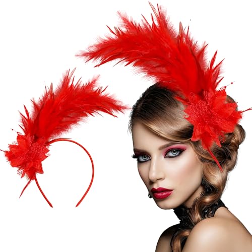 Loieryk Feathers Fascinator Headband 1920s Queen Headpiece Fascinators Hats for Women Tea Party Flower Headpiece - color: Red