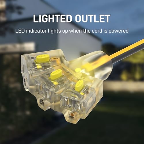 100ft 12/3 Heavy Duty 3-Outlet LED Locking Plug Outdoor Extension Cord ETL | 15A 1875W, SJEOW waterproof -58°F to 221°F, pure copper, construction, woodworking, metal cutting, generator