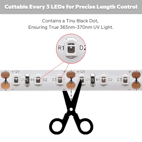 IP65 Waterproof 365nm Ultraviolet LED Strip Light, 12V 16.4FT 8MM High Density LED UV Black Light Strip for Fluorescence Detection and Glue Curing in Damp Environments (2835 600LEDs IP65)