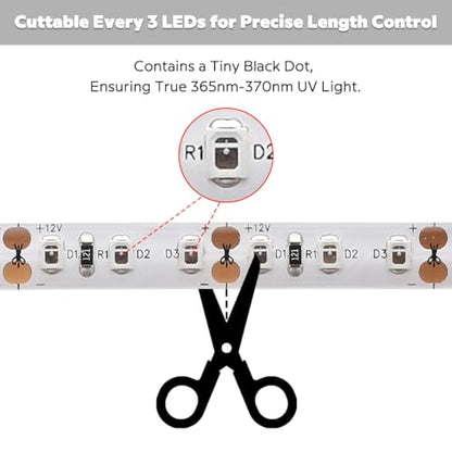IP65 Waterproof 365nm Ultraviolet LED Strip Light, 12V 16.4FT 8MM High Density LED UV Black Light Strip for Fluorescence Detection and Glue Curing in Damp Environments (2835 600LEDs IP65)