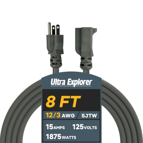 12 Gauge Heavy Duty Extension Cord 8 Ft, 3 Prong Grounded | Cold Resistant, Waterproof, Indoor & Outdoor Use, SJTW, 15A 125V 1875W, Gray, ETL Listed - color: Grey, size: 8 FT