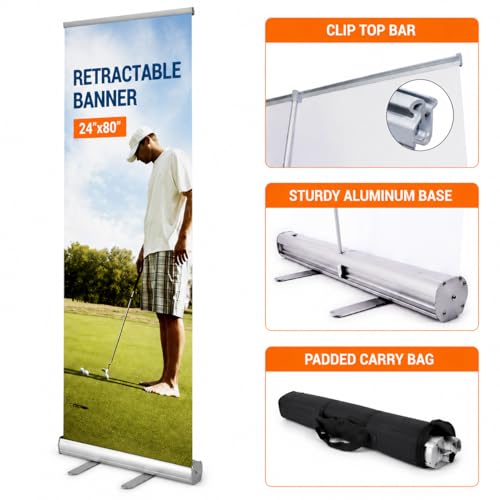 Heavy Duty Retractable Banner Stand, Aluminum Roll Up Banner Display 24"X80" with Carrying Bag, Portable Sign Holder for Trade Shows, Business, Events & Advertising (Stand Only) - size: 24"X80" Stand Only