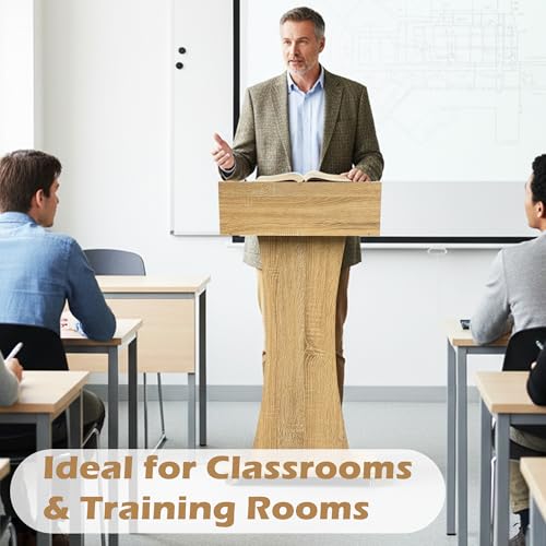 Podium Stand with Lockable Wheels,47"H Wooden Podium for Classroom, Mobile Pulpit Lectern with 3 Storage Shelves for Church, Office,Conference Room (White Oak) - color: White Oak