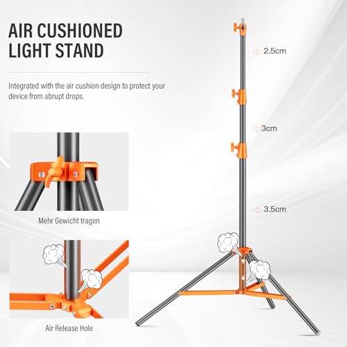 Heavy Duty Light Stand 9.1ft/280cm All Metal Tripod Stand Max Loading:10KG Air Pressure Buffer Photography Light Stand with 1/4” to 3/8” Screw Adapter for Strobe,Ring Light, Monolight, Softbox - color: Orange
