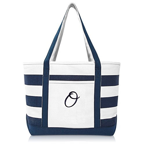 DALIX Premium Beach Bags Striped Navy Blue Zippered Tote Bag Monogrammed A - Z - color: O