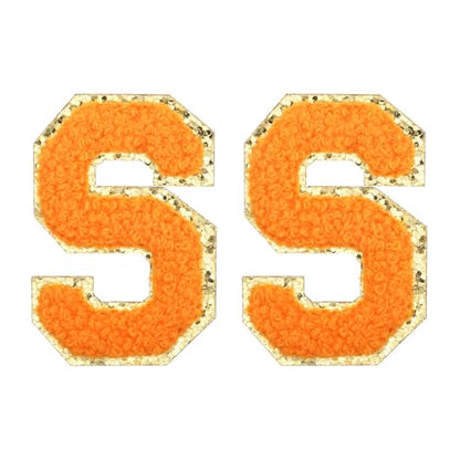 MECCANIXITY Chenille Letter Patches 2.2" Self Adhesive Alphabet S Stick on Embroidered Patch Sew on Letter Stickers Applique for Repairing Clothing Jeans Shoes Hats DIY(Orange, Pack of 2) - style: Letter-S