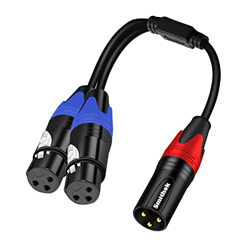 Smithok 1 Male to 2 Female XLR Y Splitter Micrphone Cable, 3 Pin XLR 2 Female to 1 Male, Combiner Y Cord Balanced Mic Audio Cables for Stero Mic to L&R Audio Track(11.8 inches/0.3m) - size: 11.8 inches/0.3m